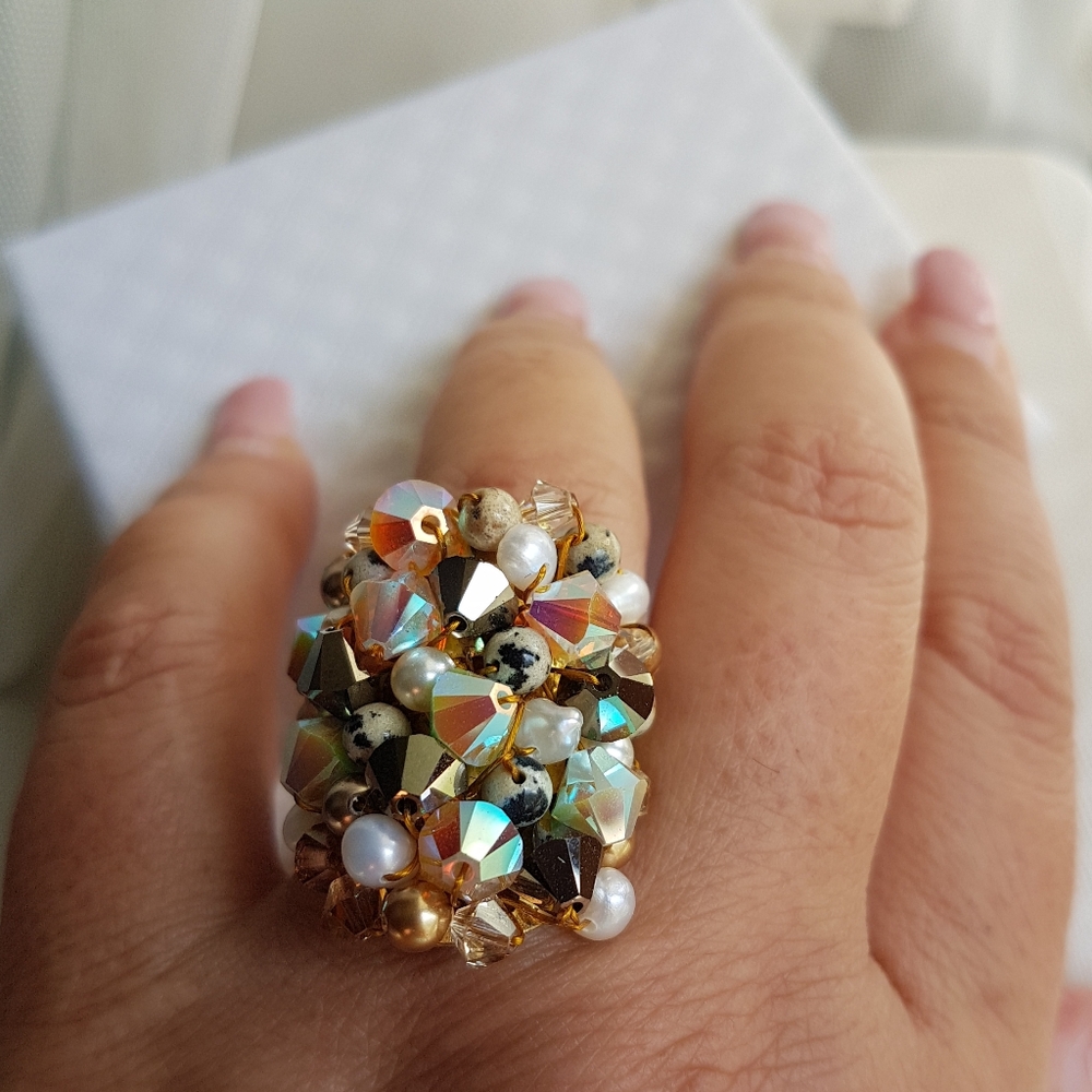Swarovski Elements Large Dark Brown & Dalmatian Beads Cluster Statement Ring NWT - Picture 8 of 13